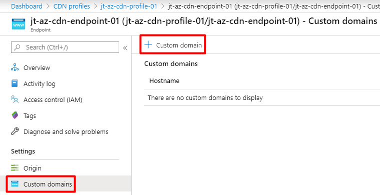 Navigate to the CDN Endpoint Custom Domain blade