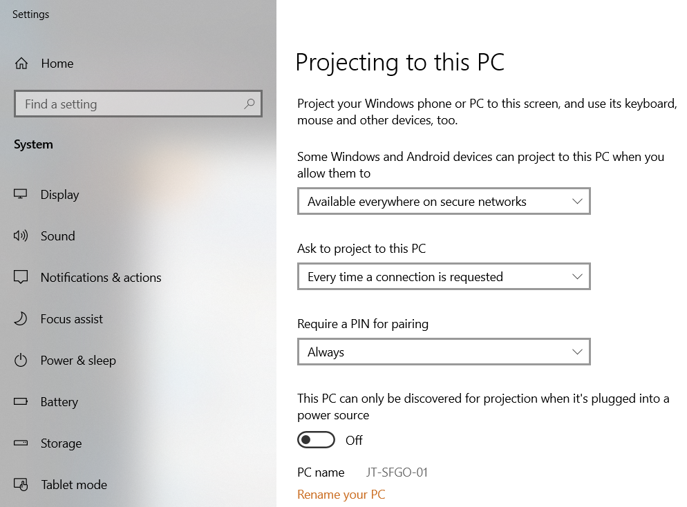 Miracast Projection Settings
